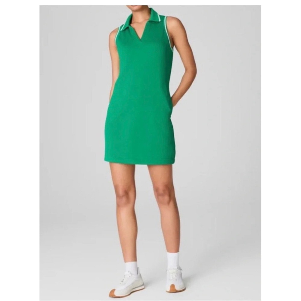 Spanx Womens Pique Knit Dress Small Green Sleeveless Polo Tenniscore Pocket
